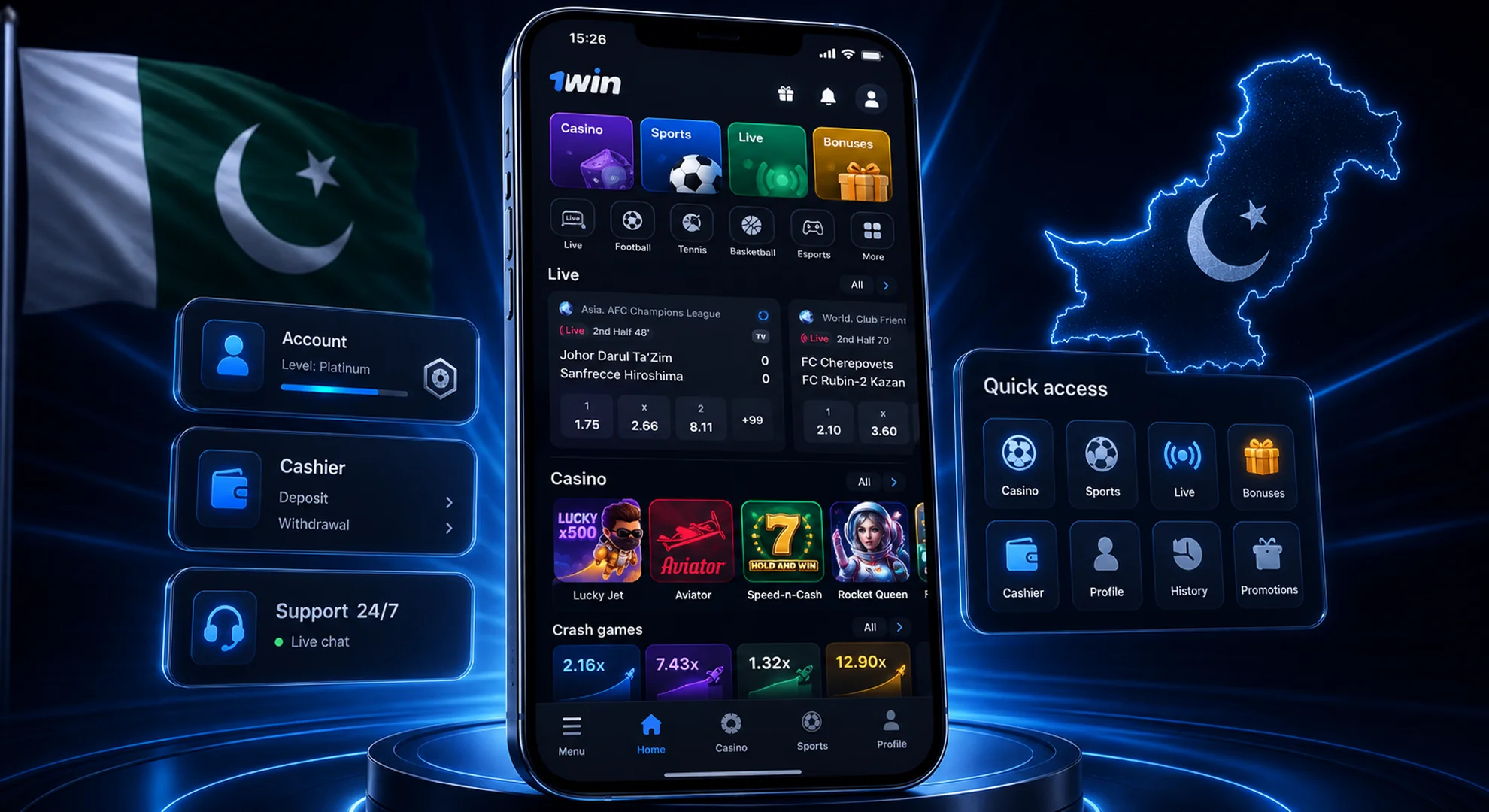 1win app features Pakistan